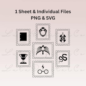 Peut inclure: Tampons numériques noirs et blancs avec des symboles variés : livre, bague, lanterne, phénix, trophée, serpent et lunettes avec éclair. Le texte en haut indique "1 Sheet & Individual Files PNG & SVG".