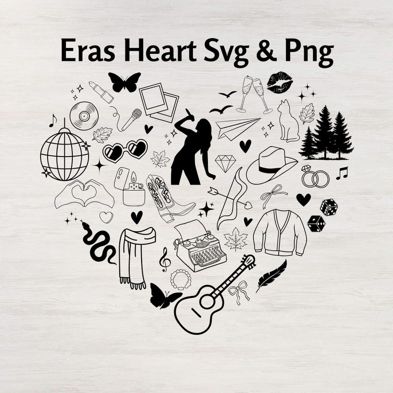 May include: Black and white illustration of a heart shape filled with various icons, including a guitar, a typewriter, a cowboy hat, a pair of boots, a disco ball, a microphone, a butterfly, a pair of sunglasses, a lighter, a snake, a scarf, a feather, a pair of rings, a dice, a paper airplane, a diamond, a bow and arrow, a pair of champagne flutes, a pair of lips, a cat, two trees, and a music note. The text "Eras Heart Svg & Png" is at the top of the image.