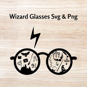 May include: Black and white illustration of a pair of round glasses with various Harry Potter themed symbols and images inside the lenses, including a lightning bolt, a Hogwarts castle, a golden snitch, a broom, a scarf, a potion bottle, a key, a phoenix, and a hat. The text "Wizard Glasses Svg & Png" is above the glasses.