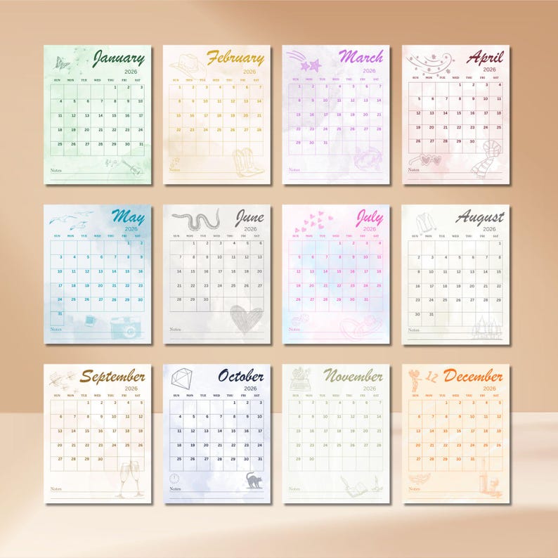 2026 Printable Calendar, Aesthetic Monthly Planner, Eras Inspired ...