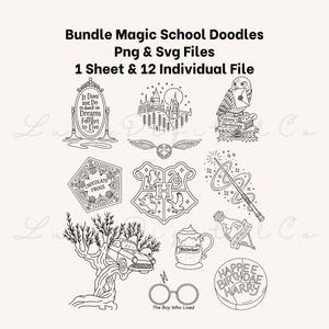Puede incluir: Un paquete digital de garabatos de escuela de magia en blanco y negro en formatos PNG y SVG. La colección incluye doce ilustraciones de arte lineal, incluyendo un espejo con texto, un castillo, un búho, un escudo, una varita y un pastel de cumpleaños.