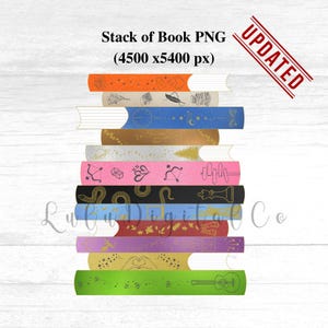 May include: A stack of illustrated books with various designs and colors. The books have different themes, including clocks, stars, and musical instruments. The image includes the text "Stack of Book PNG (4500 x 5400 px)" and a red "UPDATED" stamp.