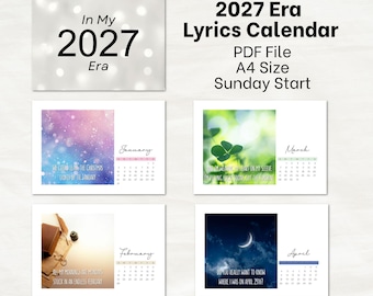 Calendario de la era 2027 en PDF imprimible, Calendario Taylor, Arte de la era, Letras de música, Planificador 2027, Calendario digital minimalista, Calendario de la era de moda