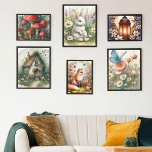Whimsical Cottagecore Botanical Wall Art Set of 6 | Watercolor Animal, Mushroom, Floral & House Prints | Vintage Rustic Decor