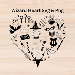 May include: Black and white illustration of a heart shape filled with various Harry Potter themed icons, including a Hogwarts house crest, a golden snitch, a magic wand, a broom, a sorting hat, a phoenix, a pair of glasses, a book, a key, a dragonfly, a letter, a skull, a potion bottle, a cage, a cauldron, a pair of footprints, a snake, a deer head, and the number 9 3/4.