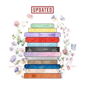 May include: A pile of books with illustrated spines, including a guitar, dragon, and scarf. The word "UPDATED" is in a red rectangle. The image is decorated with floral and butterfly motifs. The books are stacked on top of each other.