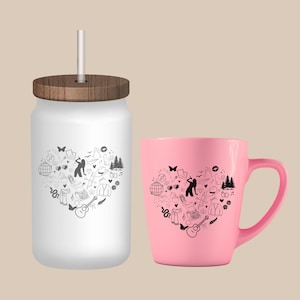 May include: A white tumbler with a wooden lid and a pink mug, both featuring a black and white heart design with various illustrations, including a guitar, a typewriter, and a butterfly.