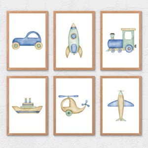 Vintage voertuigkunst print jongen kinderkamer muur kunst peuter kinderkamer auto vliegtuig trein boot helikopter raket speelgoed blauwe kinderkamer muur decor jongenskamer