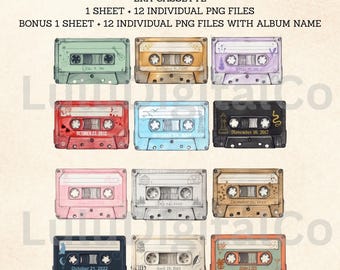 May include: A collection of twelve colorful cassette tape designs, each with unique color schemes and dates. The text "ERA CASSETTE" is at the top, with additional text indicating the files included. The cassettes feature various colors, including red, blue, and pink.