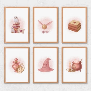 May include: Six framed prints with a light pink theme. The prints feature illustrations of a white owl on books, a golden snitch with the name "Harper", stacked letters, a potion bottle with a pocket watch, a sorting hat, and a cauldron with a candle.