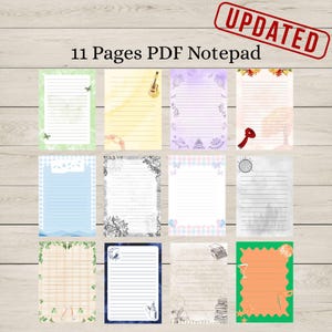 May include: A digital notepad with 11 pages, each featuring a unique design. The pages have lined paper with decorative borders, including butterflies, musical instruments, and floral patterns. The word "UPDATED" is stamped in red.