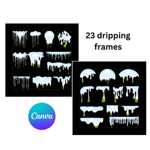 May include: A set of 23 dripping cloud frames in various shapes and sizes. The frames are white with a blue sky and green grass inside. The frames are perfect for adding a whimsical touch to your designs.