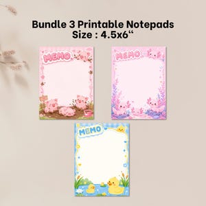 Pacote com 3 blocos de notas imprimíveis rosa e azul com desenhos fofos de animais, incluindo axolote, leitão e patinho. Ideal para material escolar e para a volta às aulas.