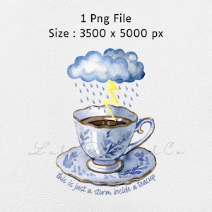 May include: Watercolor illustration of a teacup with a storm cloud, rain, and lightning. The teacup and saucer are blue with floral designs. Text reads "this is just a storm inside a teacup."