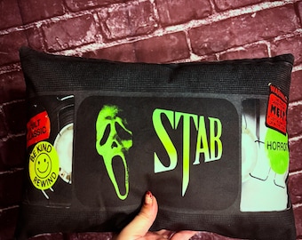 Stab Scream Ghost Face Horror Movie Cushion, VHS Tape Pillow, Retro Home Decor