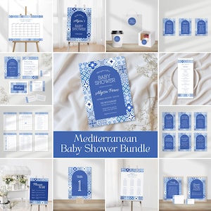 Mediterranean Baby Shower Bundle | Blue Tile Digital Invitation | Baby Shower Printable Games, Signs & Decor Templates | Greek Baby Shower