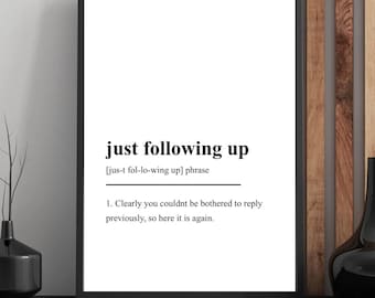 May include: A framed black and white print with the phrase "just following up" and its pronunciation. The print includes a definition and a sarcastic statement. The print is displayed on a black shelf.