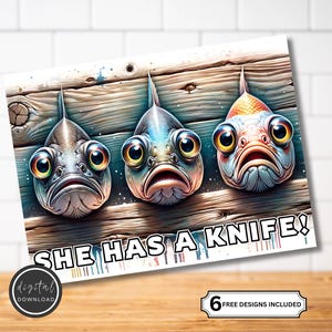 Scared Fish Cutting Board PNG – Funny Seafood Kitchen Sublimation Design, Printable Seafood Clipart, Cute Fish Art for Crafters