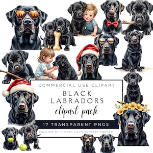 Black Labrador Clipart Bundle - Dog Head Clipart Pack - Labrador Dog Clipart - Black Lab Clipart for Commercial use Transparent PNGs