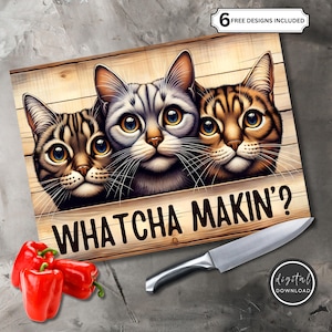 Cute Cats Cutting Board Sublimation Design, Whatcha Making Cutting Board File Digital Design Download for Kitchen Cat Owner Clipart