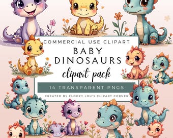Baby Dinosaurs Clipart Bundle, Dinosaur Clipart Pack, Baby Nursery Clipart, Baby Dinos Clipart for Commercial use, Transparent PNGs