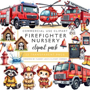 Firefighter Nursery Clipart Bundle, Firefighter Clipart Pack, Firetrucks, Firefighter Animal Clipart for Commercial use, Transparent PNGs