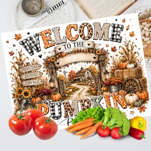 May include: A rectangular sign featuring the text WELCOME TO THE PUMPKIN PATCH with autumn-themed illustrations of a farm, pumpkins, sunflowers, and hay bales, accompanied by fresh red tomatoes, carrots, broccoli, and peppers in the foreground.