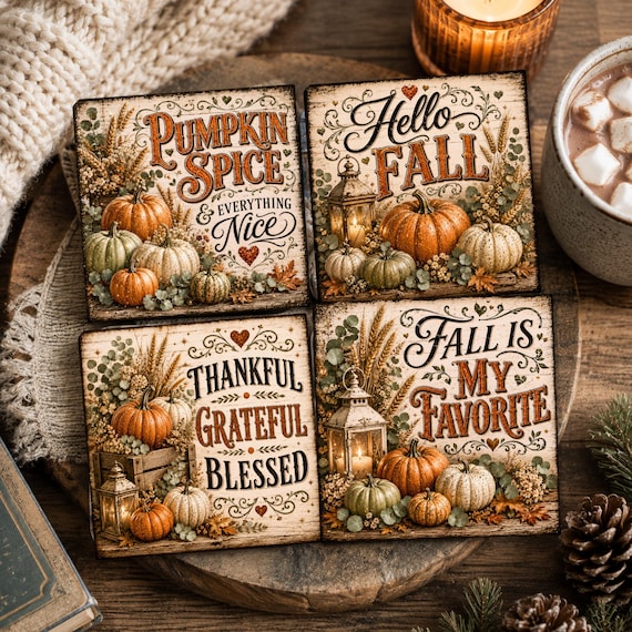 Fall Coaster Sublimation PNG Set, Pumpkin Coaster Designs, Autumn Drink Coasters, Thanksgiving Kitchen Decor, Rustic Fall PNG Bundle