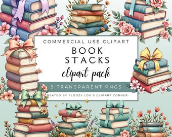 Book Stacks Clipart Bundle, Books and Ribbons Clipart Pack, Baby Nursery Clipart, Baby Books Clipart for Commercial use, Transparent PNGs