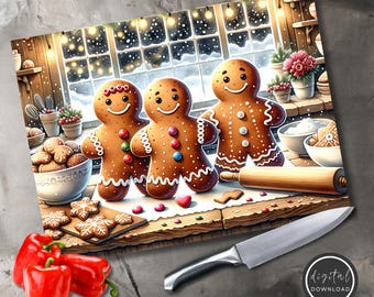 May include: A rectangular cutting board featuring a festive illustration of three gingerbread cookies on a wooden table, with a rolling pin, a bowl of cookies, and a window view of snow. A silver kitchen knife lies below, and red peppers are nearby.