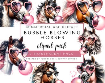 Horse Blowing Bubble Gum Clipart Pack, Pink Horses Clipart Pack, Retro Horses Ponies Clipart for Commercial use Transparent PNGs