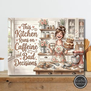 Könnte beinhalten: Ein dekorativer Wandkunstdruck mit einer Küchenszene, in der eine Person eine Tasse mit der Aufschrift Caffeine und eine Torte hält. Der Text lautet This Kitchen Runs on Caffeine and Bad Decisions. Die Szene zeigt Backutensilien, Cupcakes und Blumen.