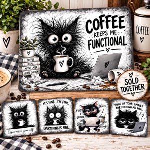 Funny Coffee Cat Sublimation Bundle, Cutting Board and Coaster Designs, Black and White Kitchen Art