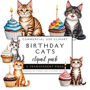 Cat & Cupcake Clipart Bundle, Birthday Cats Clipart Pack, Cupcakes, Cats, Kittens Clipart for Commercial use, Transparent PNGs