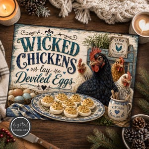 May include: A rectangular sign featuring the text WICKED CHICKENS lay Deviled Eggs, a blue and white patterned plate with deviled eggs, a ceramic pitcher labeled KITCHEN MADE, a wire basket of eggs, and a small sign reading FARM FRESH GOODNESS.