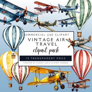 Vintage Airplane Clipart Bundle - Airplane Clipart Pack - Hot Air Balloon Clipart - Airplane Nursery Clipart for Commercial use Transparent