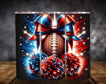 Patriotic Football Tumbler Wrap PNG, Red White Blue Bow Football, Game Day Sublimation Design, Football Season Digital Download