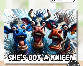 She's Got a Knife - Cows Glass Cutting Board Sublimation PNG Design