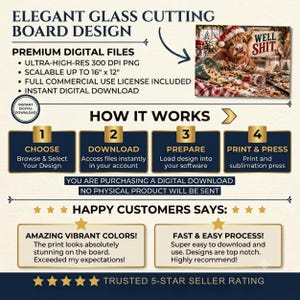 May include: A digital download listing for an elegant glass cutting board design featuring a Highland cow wearing a Santa hat with the text WELL SHIT. Includes instructions for choosing, downloading, preparing, and printing the high-resolution PNG file.