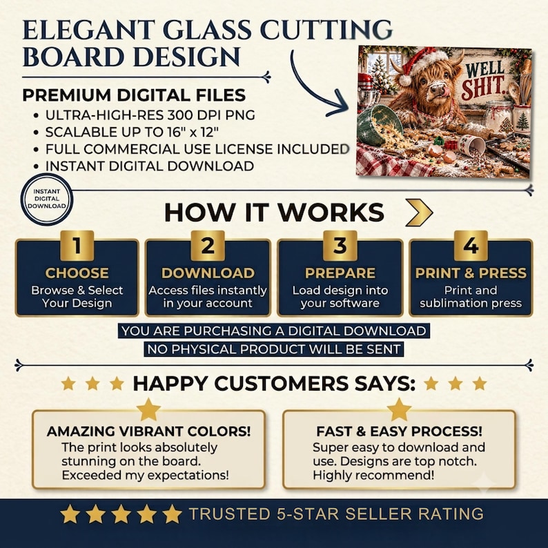 May include: A digital download listing for an elegant glass cutting board design featuring a Highland cow wearing a Santa hat with the text WELL SHIT. Includes instructions for choosing, downloading, preparing, and printing the high-resolution PNG file.