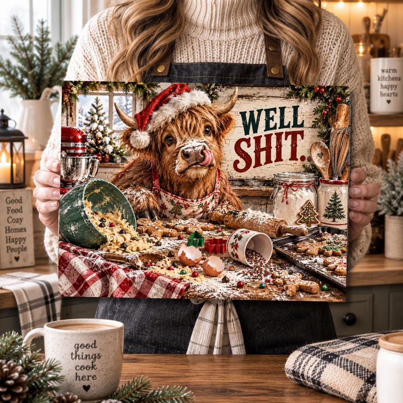 May include: A rectangular sign featuring a Highland cow wearing a Santa hat and apron, surrounded by baking supplies like a bowl, rolling pin, and gingerbread cookies. The text WELL SHIT is printed in large, bold, dark green and red lettering.