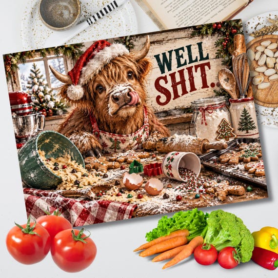 Well Shit PNG, Highland Cow Christmas Cutting Board Sublimation Design, Funny Baking Disaster