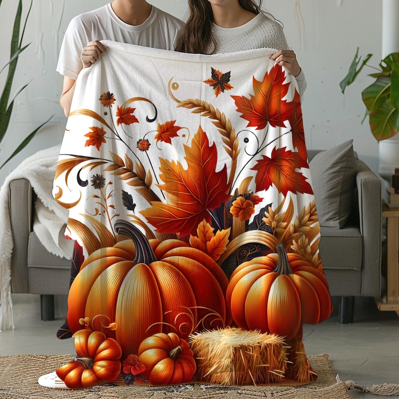Cozy Fall Pumpkin Blanket, Autumn Harvest Throw with Rustic Pumpkins, Leaves and Wheat, Seasonal Farmhouse Decor, Thanksgiving Gift image 4