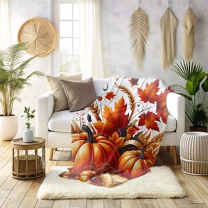 Cozy Fall Pumpkin Blanket, Autumn Harvest Throw with Rustic Pumpkins, Leaves and Wheat, Seasonal Farmhouse Decor, Thanksgiving Gift image 5