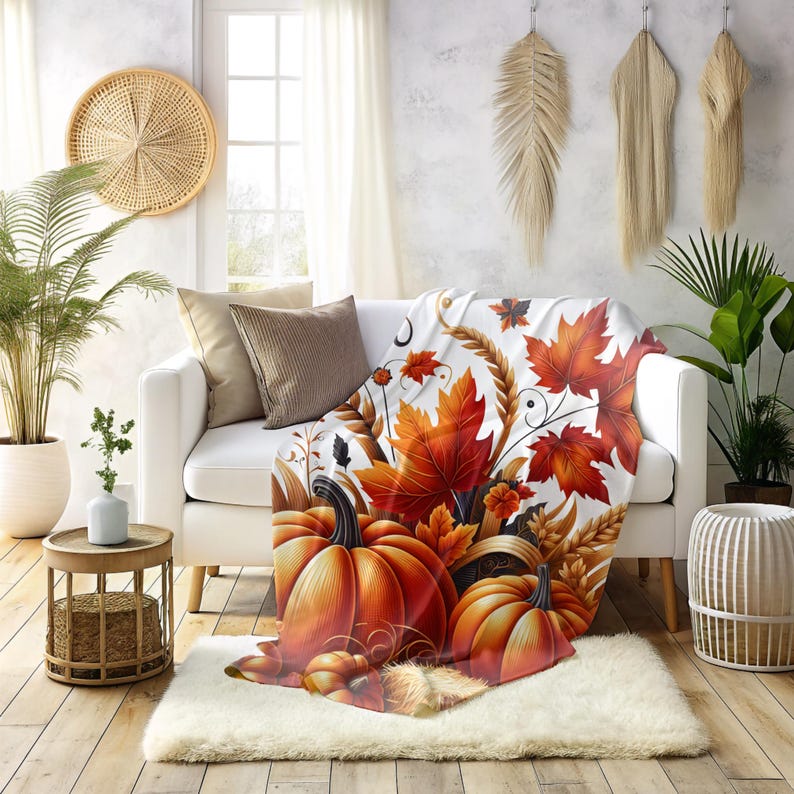 Cozy Fall Pumpkin Blanket, Autumn Harvest Throw with Rustic Pumpkins, Leaves and Wheat, Seasonal Farmhouse Decor, Thanksgiving Gift image 5