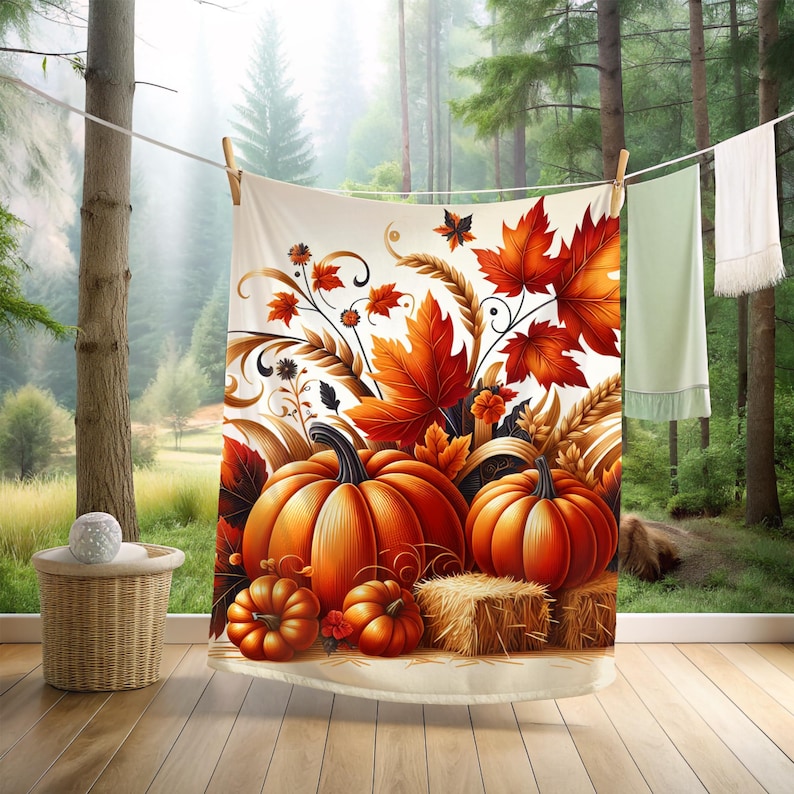 Cozy Fall Pumpkin Blanket, Autumn Harvest Throw with Rustic Pumpkins, Leaves and Wheat, Seasonal Farmhouse Decor, Thanksgiving Gift image 1