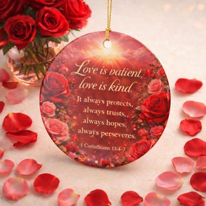 Könnte beinhalten: Runder, rot-rosa Ornament mit dem Text "Love is patient, love is kind" und anderem inspirierenden Text. Das Ornament ist mit Rosen verziert und hat eine goldene Schnur zum Aufhängen. Rote Rosenblätter umgeben das Ornament.