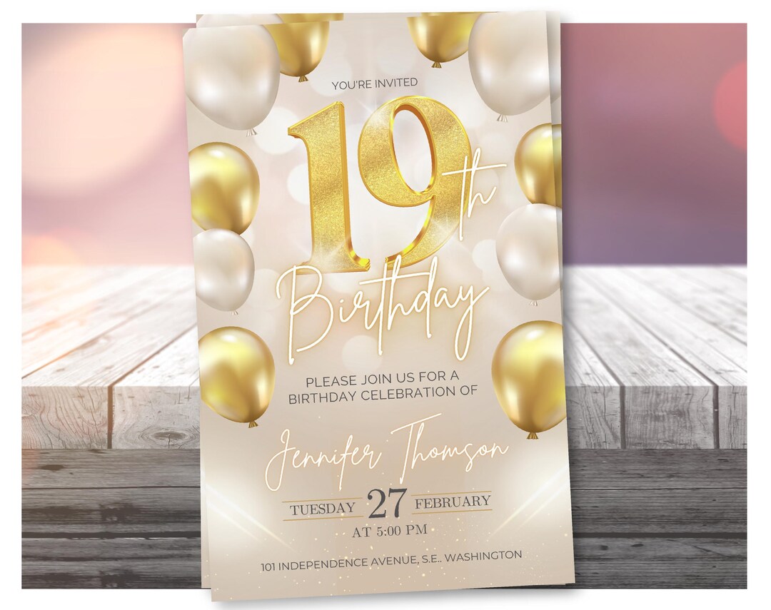 19th Birthday Invitation Gold, Digital 19th Invite Editable Template - Etsy