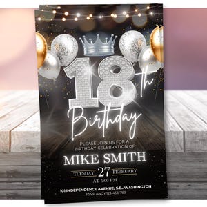 18th birthday invitation, Silver Black Digital 18th invite editable template