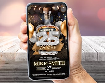 25th birthday invitation, Whiskey invite, editable birthday invitation for adult men, Digital 25th invite editable template